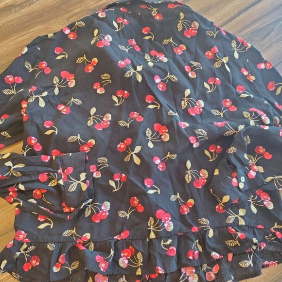 Zara Cherry Blouse XS Button up Shirt Black Cherries Ruffled Bottom - Picture 3 of 4